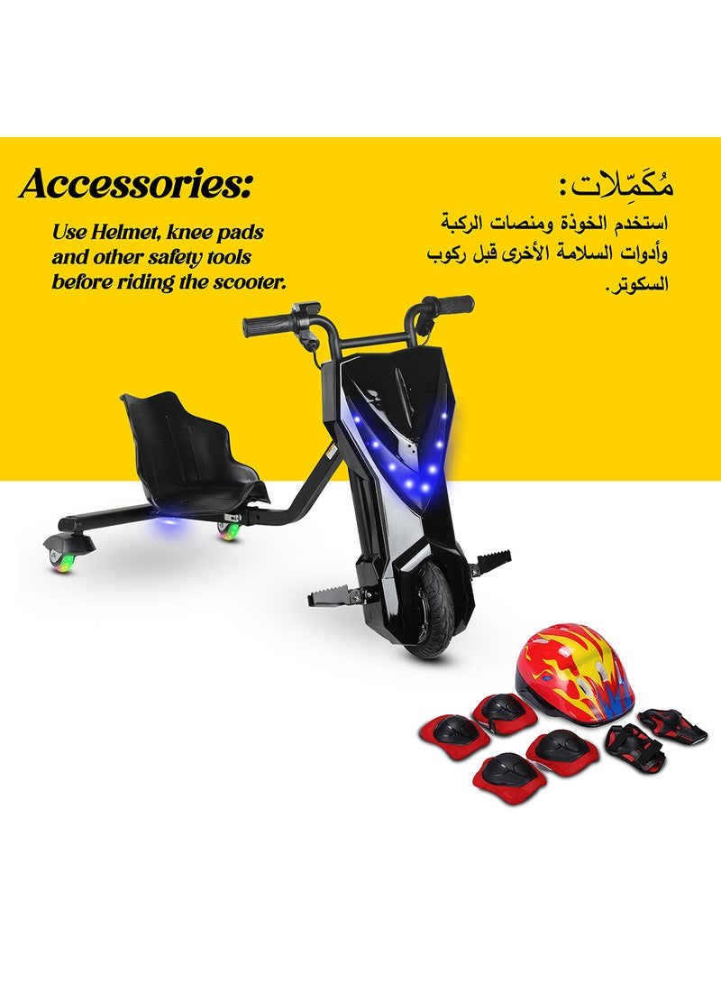 36V High-Power 360° Electric Stunt Drifting Scooter For Kids And Adults - Adjustable Body With Bluetooth And Protective Gear, 3 Speed Modes, 250W Brushless Motor, 8-15 Km/H With 80 Kg Load, Age 6+ Noon Exclusive Series - Black