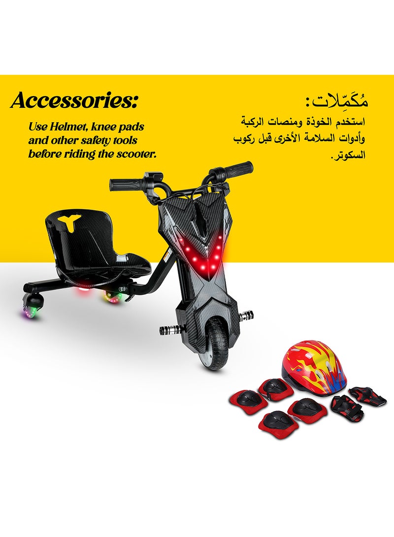 Mini 36V High-Power 360° Electric Stunt Drifting Scooter For Kids & Adults - Adjustable Body With Bluetooth & Protective Gear, 3 Speed Modes, 250W Brushless Motor, 8-15 Km/H With 80 Kg Load, Age 6+ Noon Exclusive Series - Black