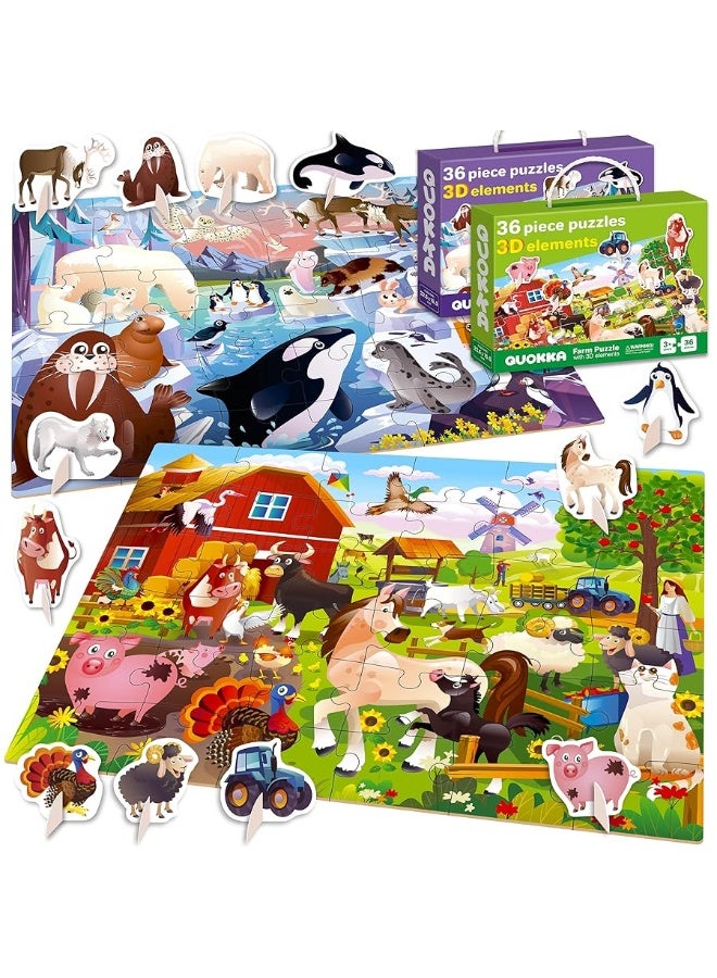 QUOKKA Puzzles for Toddlers 3-5 â€“ 3 x 36 Pieces Floor Puzzles for Kids Ages 2-4 â€“ 12 Toy Learning Farm Animals for 4-6 â€“ Jigsaw Game for Boy and Girl 3-5-7 Year Old