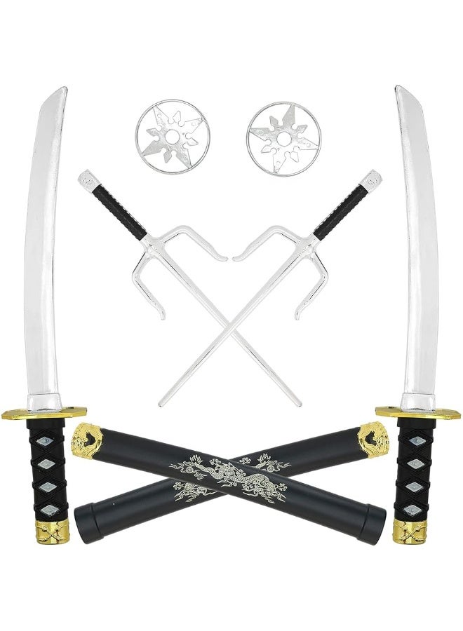 Skeleteen Ninja Sword Toy Set - Fighting Warrior Costume Set with Katana Swords, Sai Daggers, and Shuriken Stars - 6 Pieces