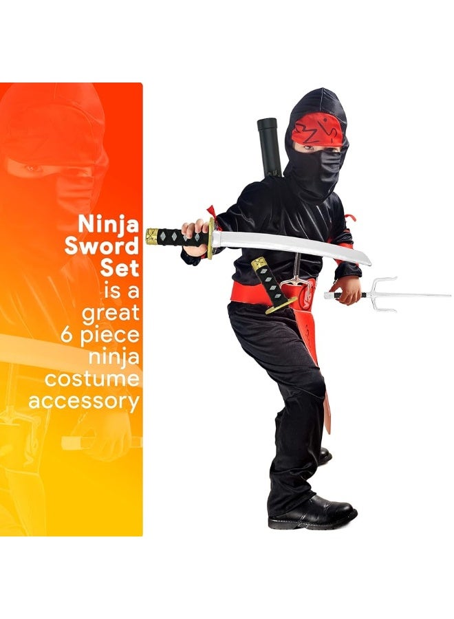 Skeleteen Ninja Sword Toy Set - Fighting Warrior Costume Set with Katana Swords, Sai Daggers, and Shuriken Stars - 6 Pieces