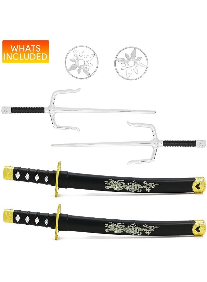 Skeleteen Ninja Sword Toy Set - Fighting Warrior Costume Set with Katana Swords, Sai Daggers, and Shuriken Stars - 6 Pieces