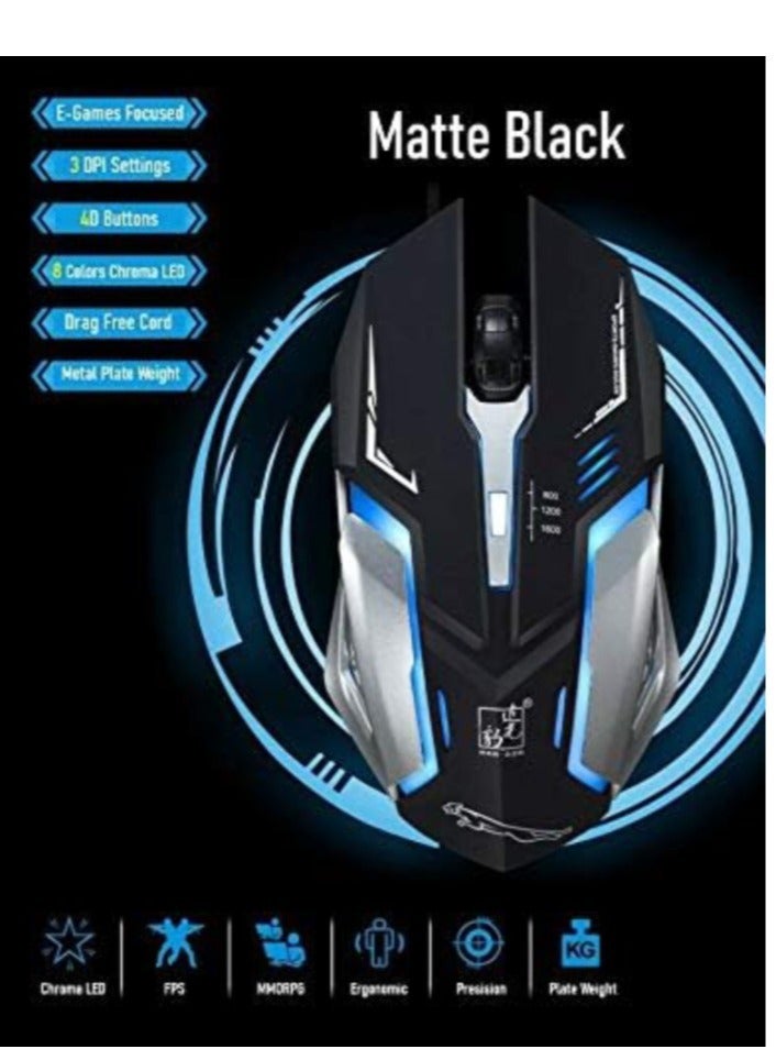 Gaming Mouse LED Breathing Fire 4 Button Silent USB Wired 1600 DPI Laptop PC (Matte Black)