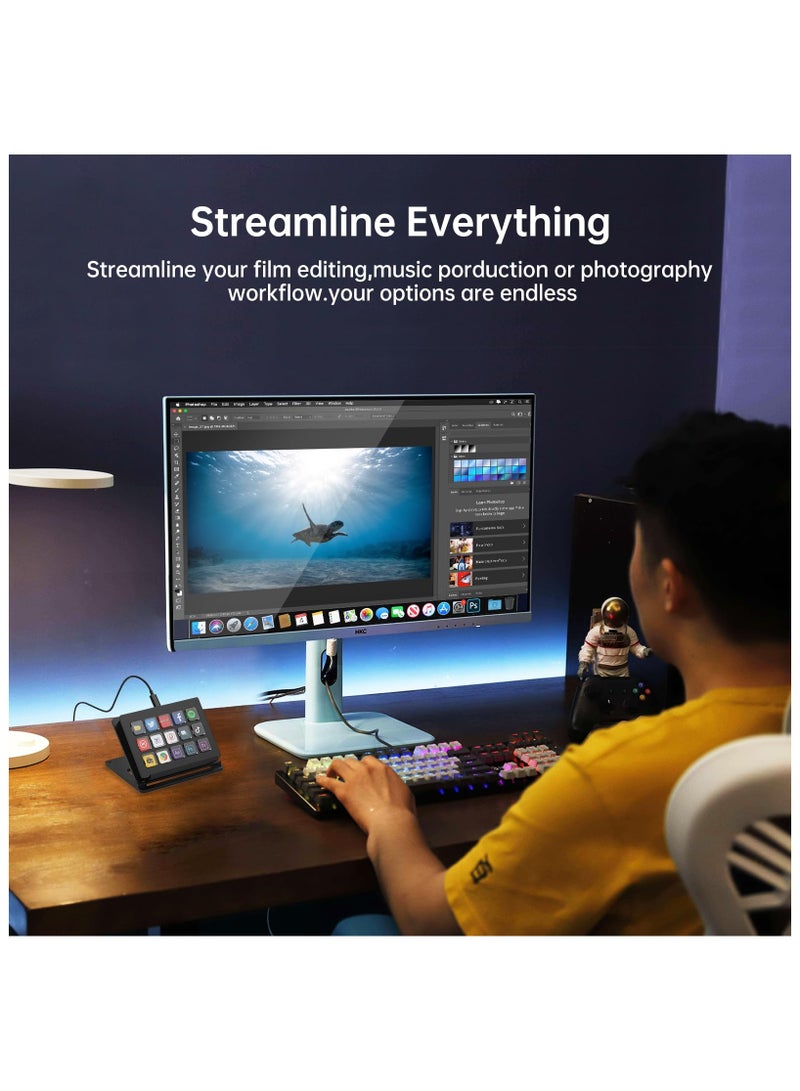 LCD Shortcut Stream Deck Controller, 15-Key All-in-one Stream Trigger Key Console for Desktop Productivity, Customise LCD Touchable Switchable Buttons for OBS, Twitch, YouTube - Mac & PC Compatible