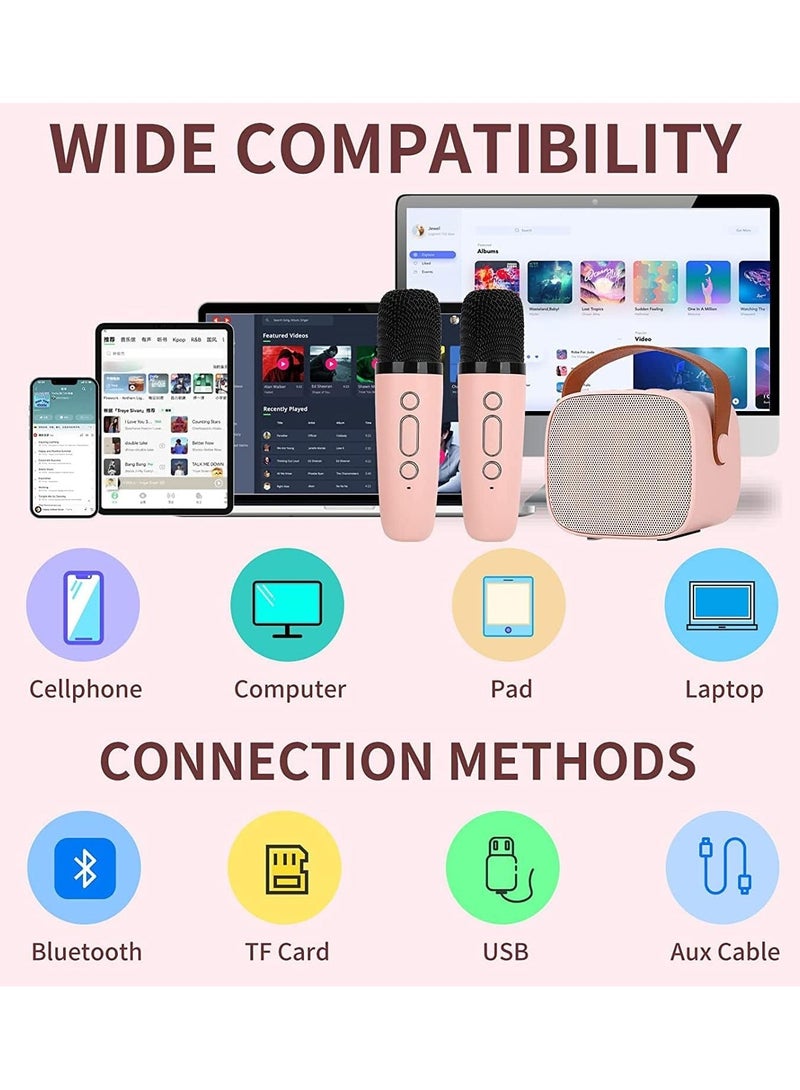 Mini Karaoke Machine for Kids, Portable Bluetooth Speaker with 2 Wireless Microphone for Adults with Led Lights, Karaoke Gifts for Girls and Boys Birthday Home Party(Pink)