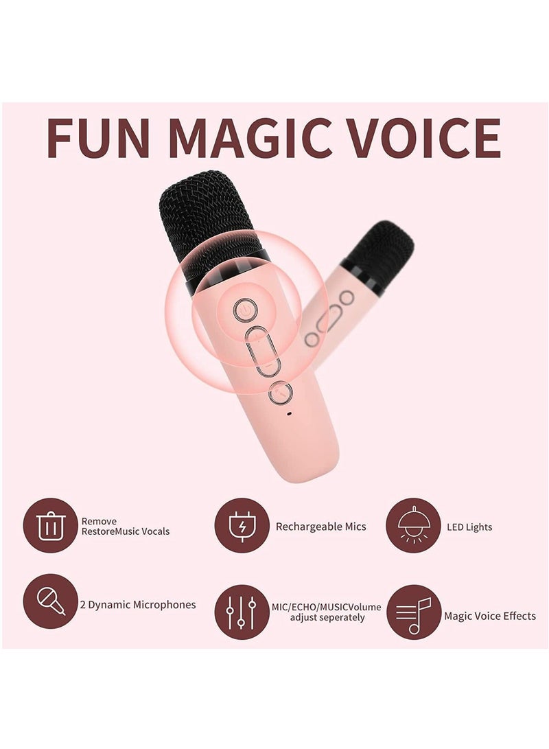 Mini Karaoke Machine for Kids, Portable Bluetooth Speaker with 2 Wireless Microphone for Adults with Led Lights, Karaoke Gifts for Girls and Boys Birthday Home Party(Pink)