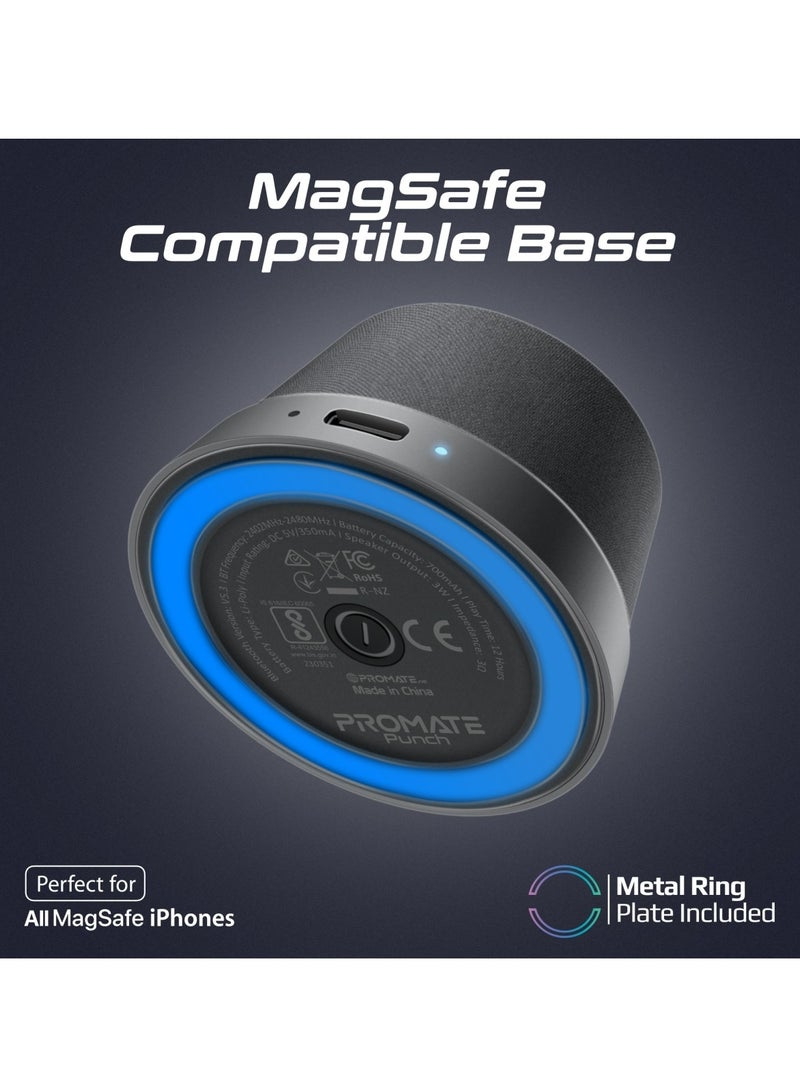 Bluetooth Magnetic Base Speaker, 3W True Wireless Portable Speaker with HD Sound, 40mm Dynamic Drivers, Long-Lasting 12H Playtime, and Bluetooth V5.3 for iPhone 16, Galaxy S25, Punch - Black