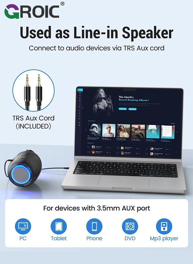 Black Portable Bluetooth Speaker with 3.5mm AUX Input, AUX Line-in Speaker for PC, Tablet, Phone, MP3 Player, 12 Hours Playtime, Built-in Microphone, Support Bluetooth/TF Card/USB Drive Playback