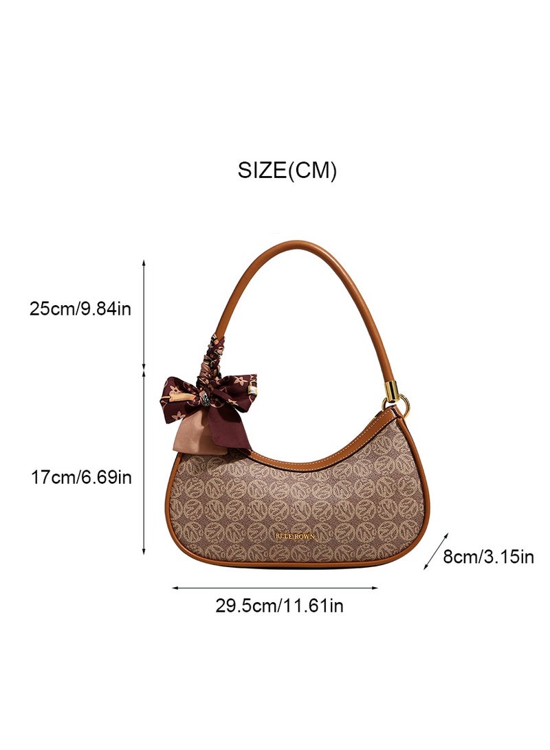 Quiet Luxury Elegant Portable Brown Color Shoulder Bag With Scarf Decoration,Fashionable Hobo Bag For Vacation, For College students, for Women, Rookies & White-collar Workers