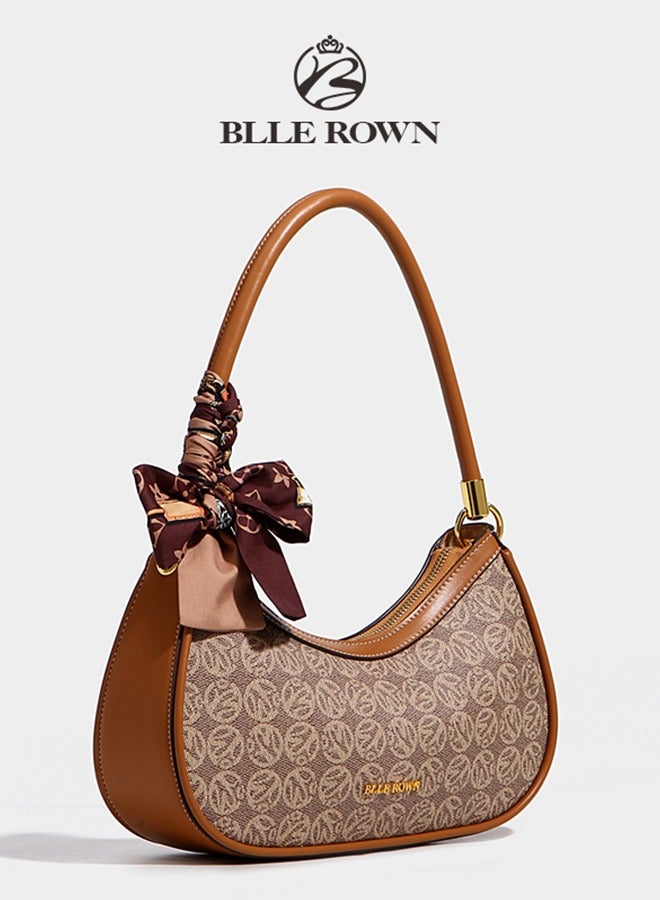 Quiet Luxury Elegant Portable Brown Color Shoulder Bag With Scarf Decoration,Fashionable Hobo Bag For Vacation, For College students, for Women, Rookies & White-collar Workers