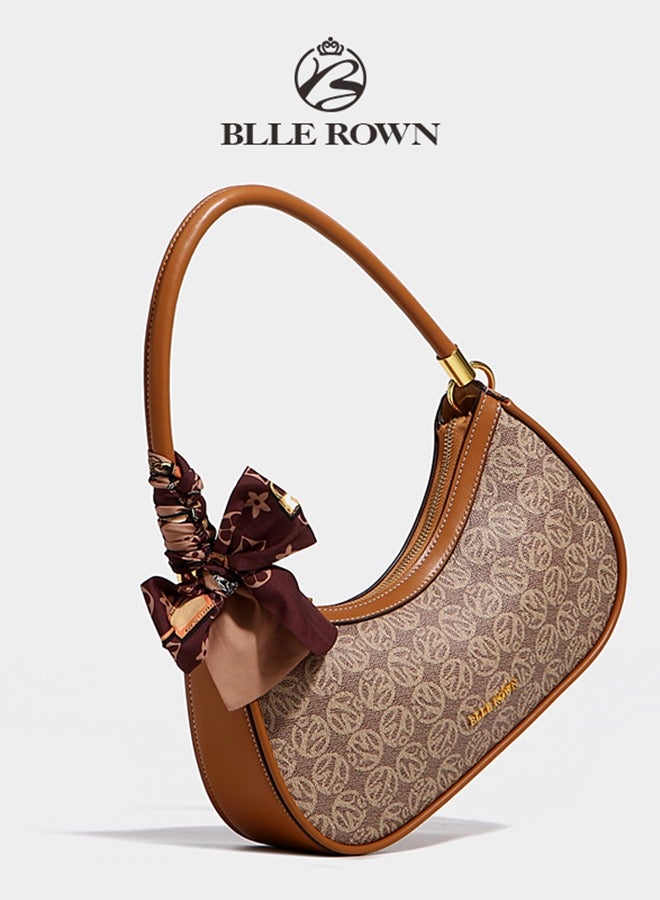 Quiet Luxury Elegant Portable Brown Color Shoulder Bag With Scarf Decoration,Fashionable Hobo Bag For Vacation, For College students, for Women, Rookies & White-collar Workers