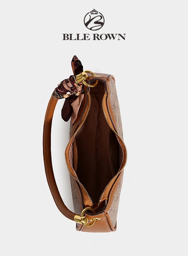 Quiet Luxury Elegant Portable Brown Color Shoulder Bag With Scarf Decoration,Fashionable Hobo Bag For Vacation, For College students, for Women, Rookies & White-collar Workers