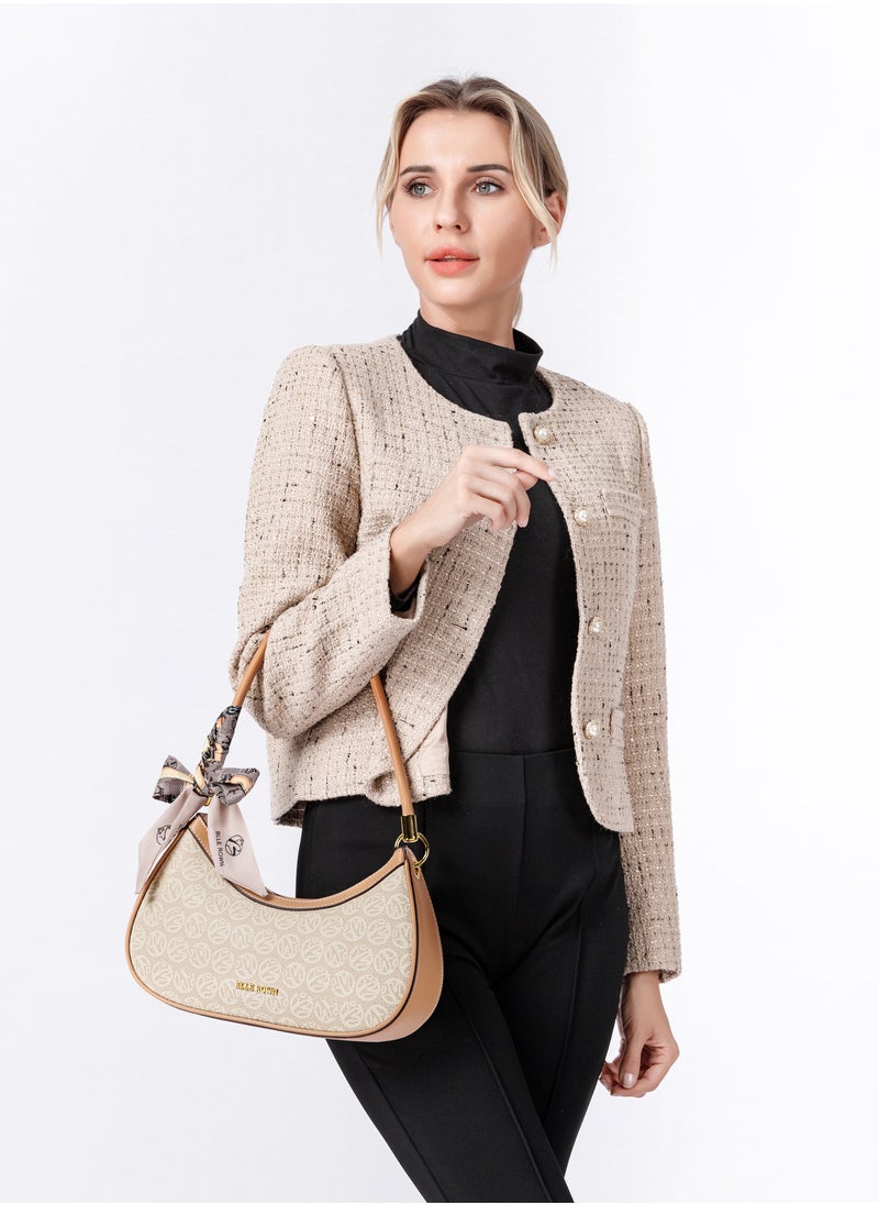 Quiet Luxury Elegant Portable Brown Color Shoulder Bag With Scarf Decoration,Fashionable Hobo Bag For Vacation, For College students, for Women, Rookies & White-collar Workers