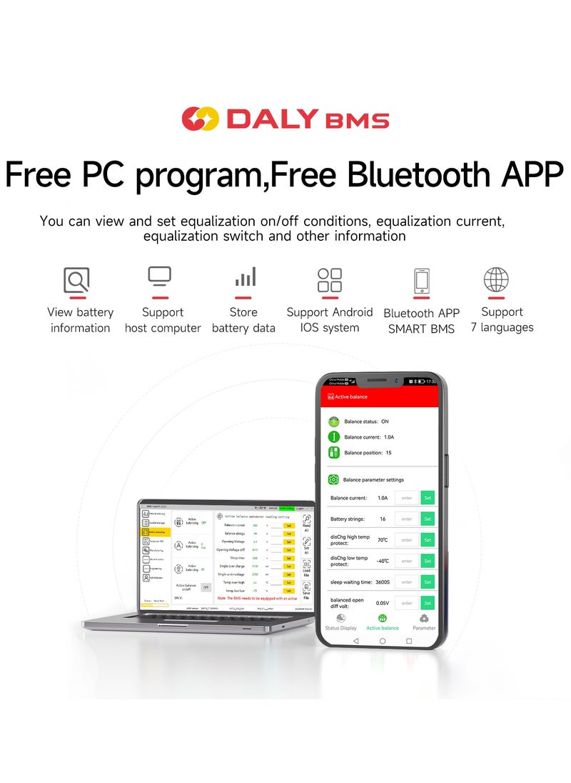 Daly Smart Lifepo4 14S 1A Active Balancer – Bluetooth Enabled Battery Equalizer for 18650 Lithium Batteries