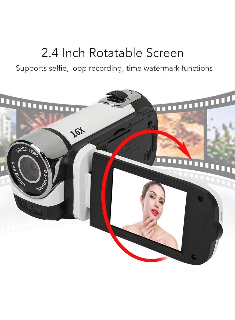 D90 Digital Camera, 1080P 16MP Handheld Video Camera With 2.4inch Rotatable Screen, Portable Durable HD Video Recorder With Fill Light For Vlogging Traveling Recording, (1pc, White)