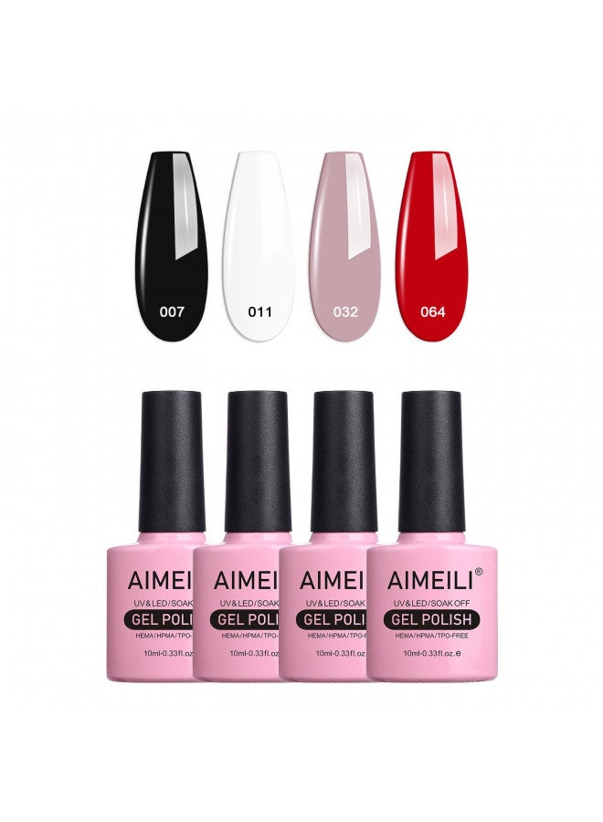 AIMEILI Gel Nail Polish Soak Off U V LED Gel Nail Lacquer, Elegant Classic Nude Black Red White Color Gel Set Of 4pcs X 10ml - Kit Set 19