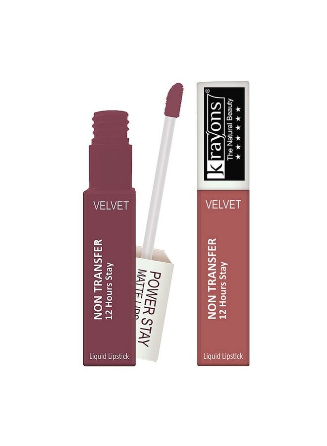 Power Stay Nontransfer 12Hrs Stay Matte Liquid Lipstick, Mask Proof, Longlasting, 4Ml Each, Combo (Pack Of 2) (Mauve Glaze, Wow Nude)