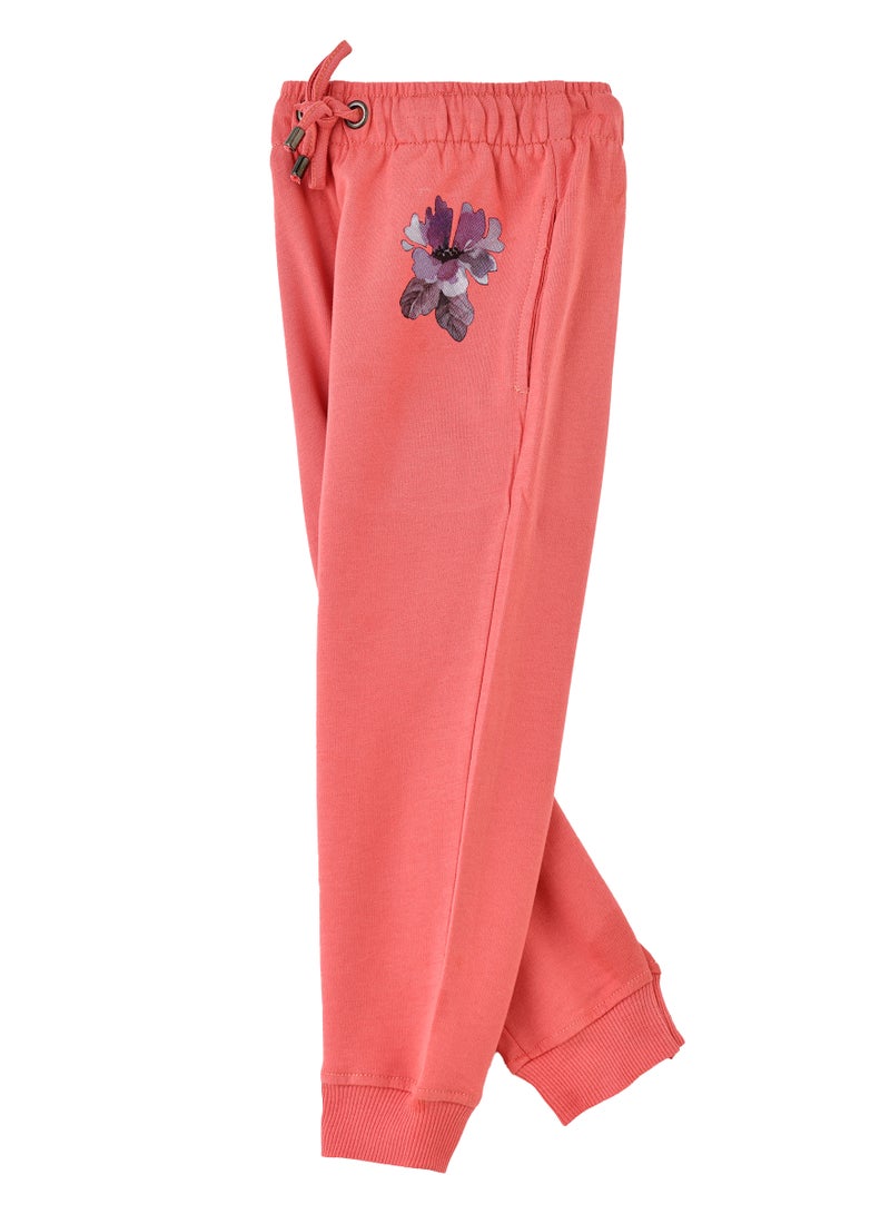 Girls Coral Jogger Pants with Floral Motif