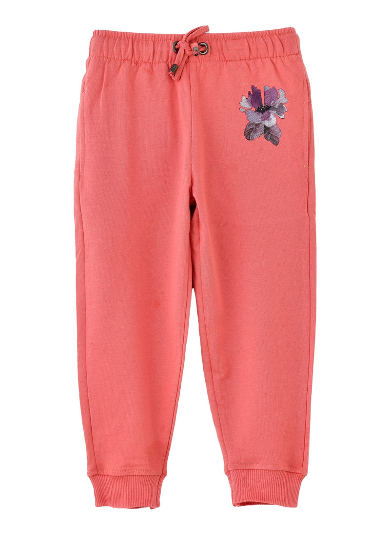 Girls Coral Jogger Pants with Floral Motif