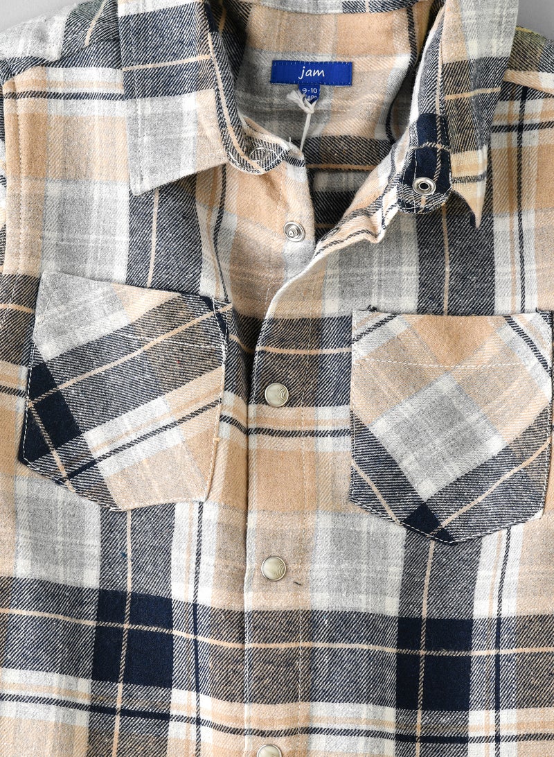 Boys Beige and Black Plaid Flannel Shirt