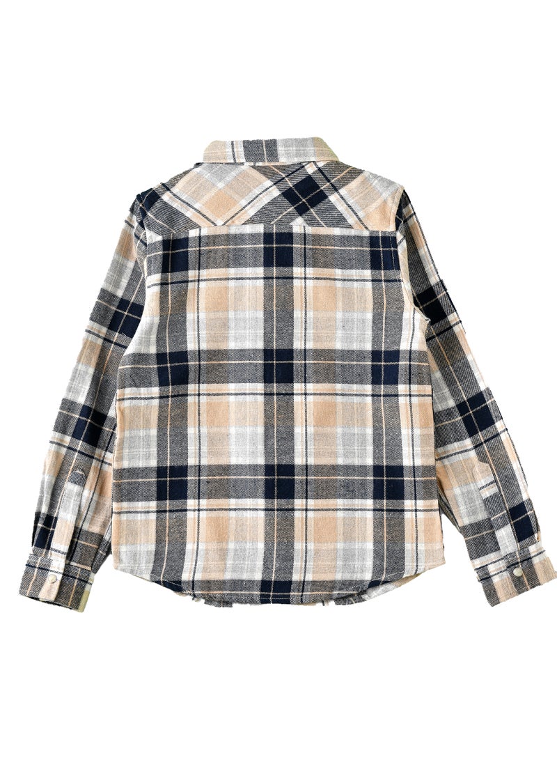 Boys Beige and Black Plaid Flannel Shirt