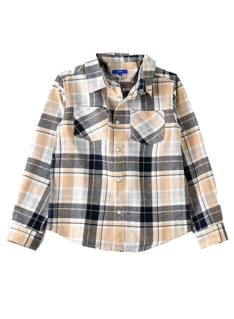 Boys Beige and Black Plaid Flannel Shirt