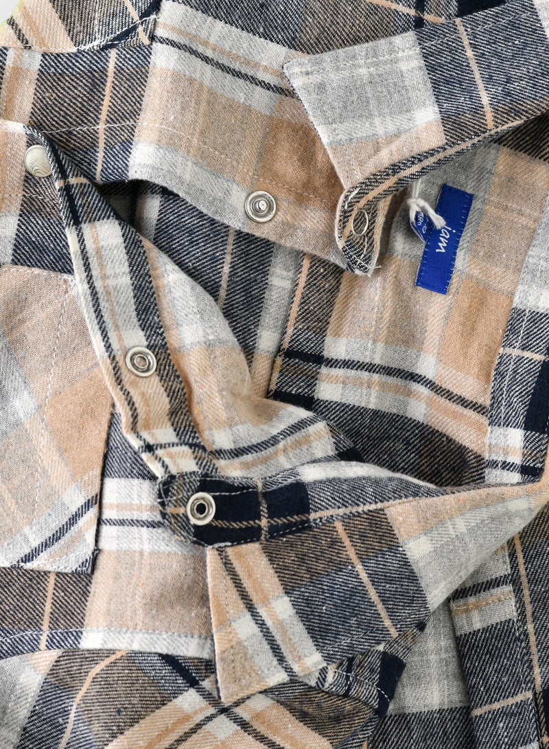 Boys Beige and Black Plaid Flannel Shirt