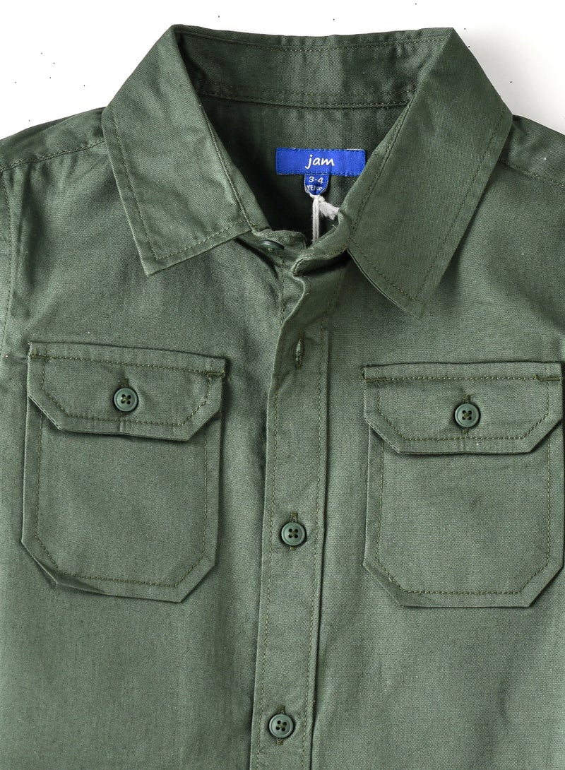 Kids Olive Green Button-Up Utility Shirt