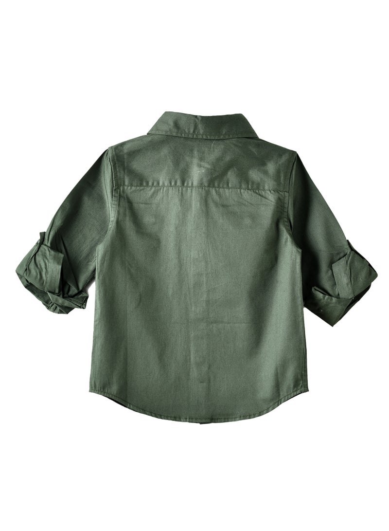 Kids Olive Green Button-Up Utility Shirt