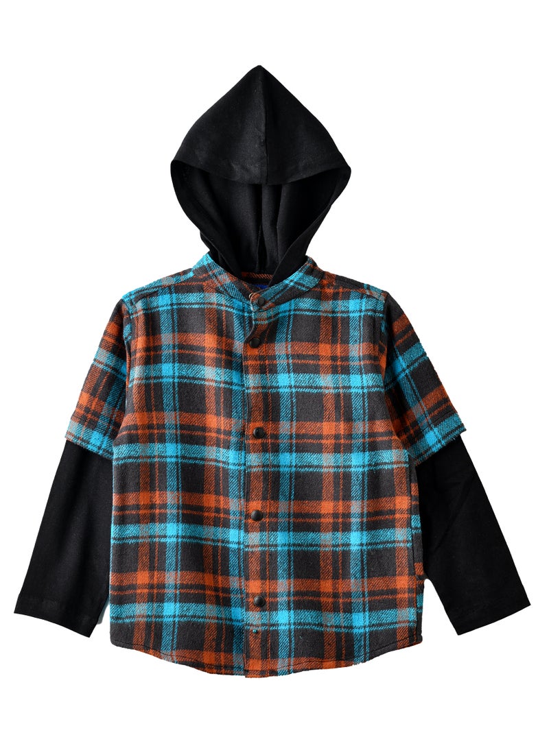 Boys Hooded Plaid Shirt with Long Sleeves