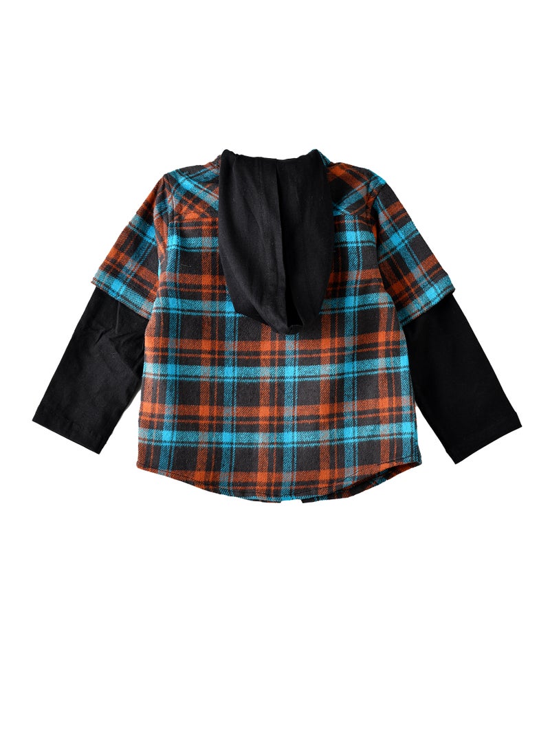 Boys Hooded Plaid Shirt with Long Sleeves