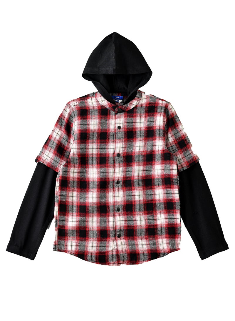 Boys Hooded Red Plaid Flannel Shirt