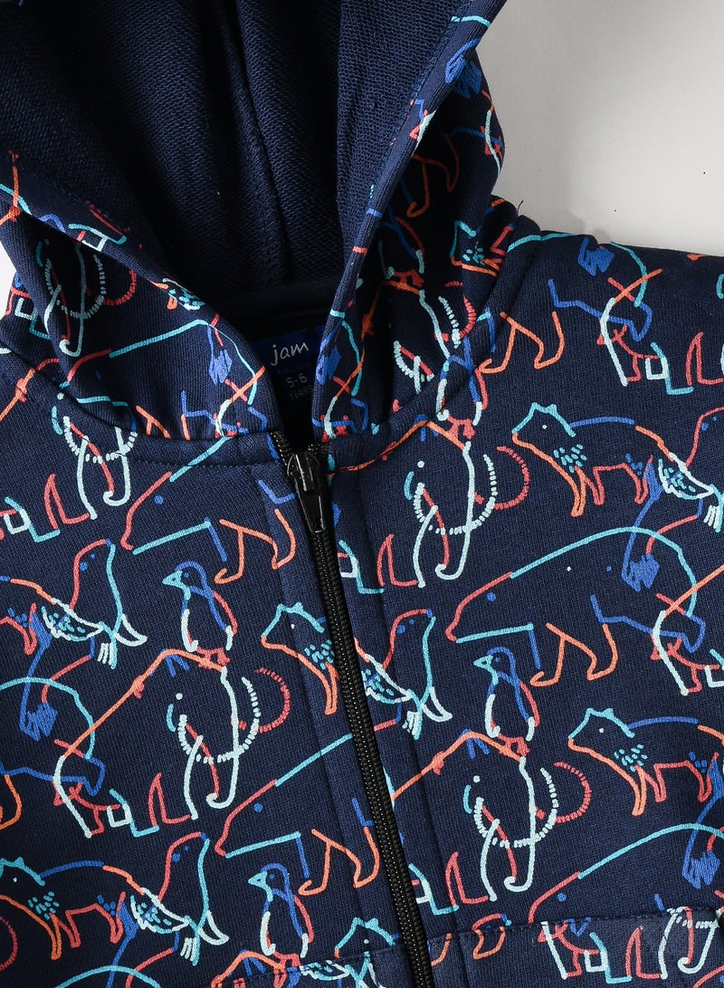 Boys Navy Blue Animal Print Hoodie