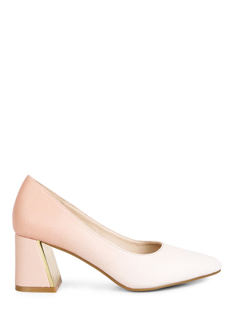 Beige & White Metallic Accent Block Heel Pumps