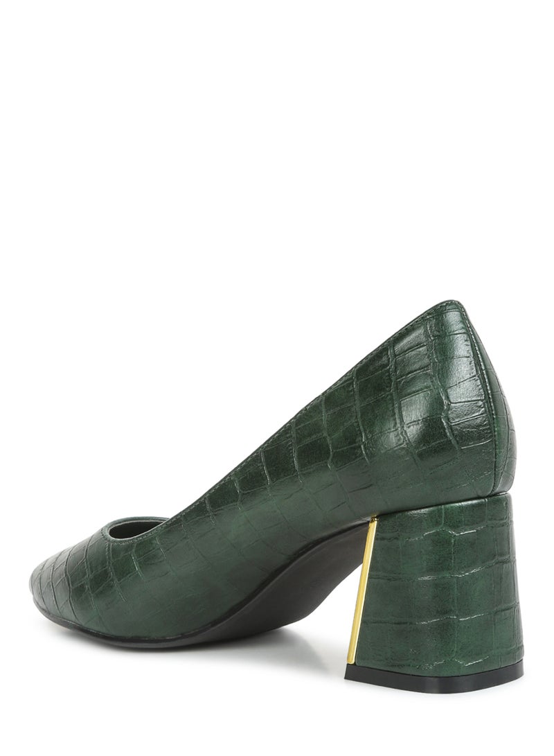 Green Croc Block Heel Pump Shoes