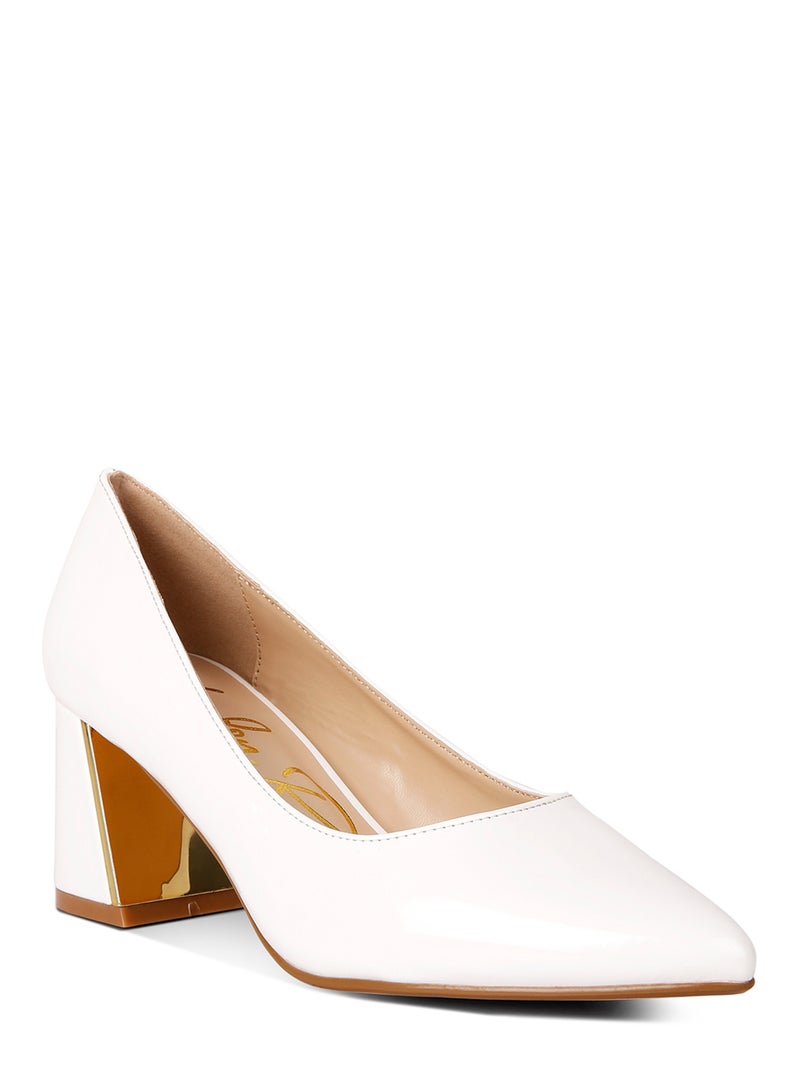 White Metallic Accent Block Heel Pumps