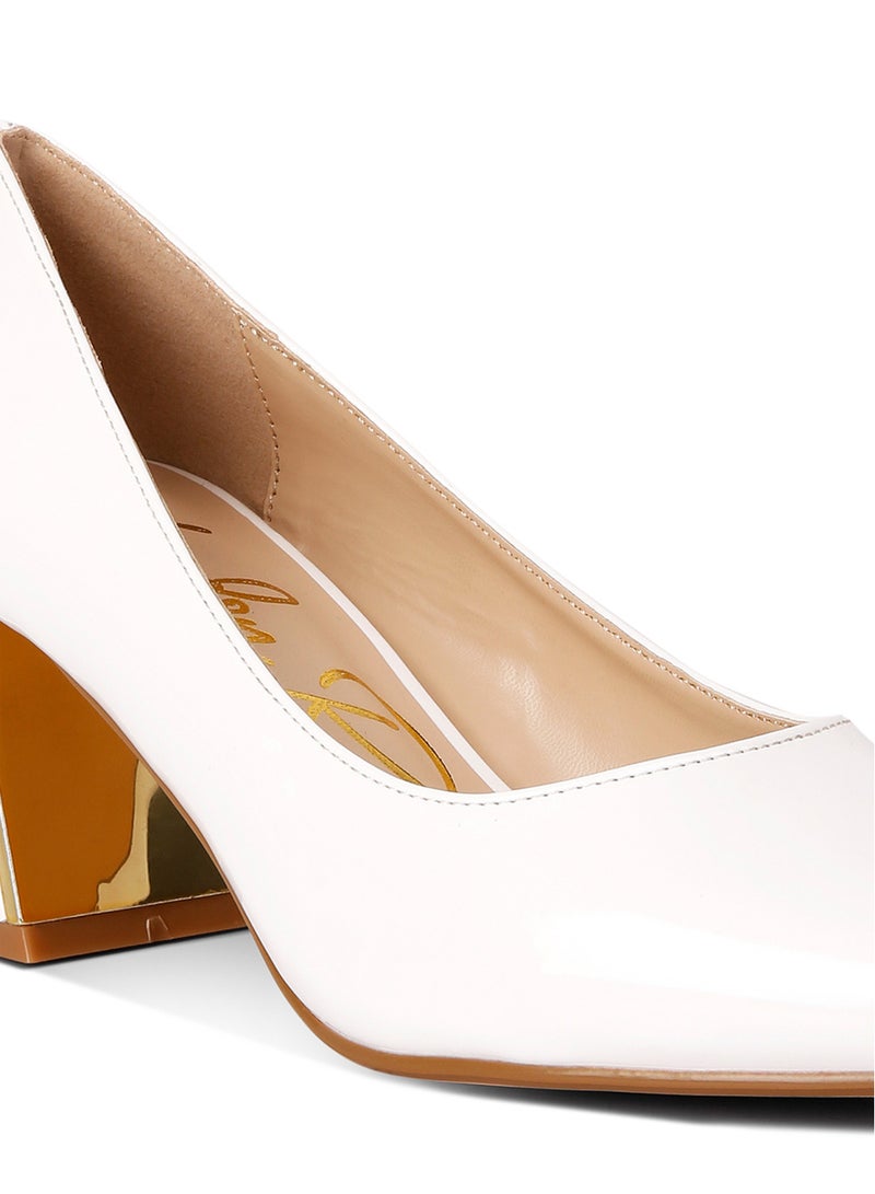 White Metallic Accent Block Heel Pumps