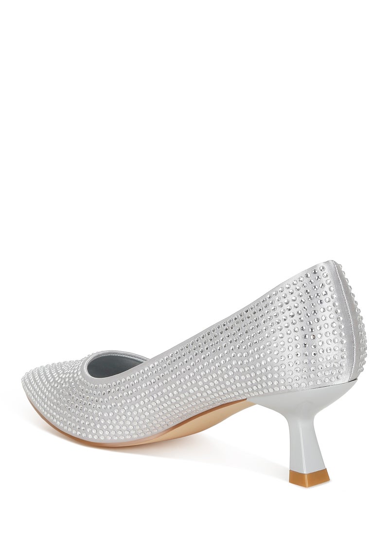 Rhinestones Embellished Kitten Heel Pumps in Silver