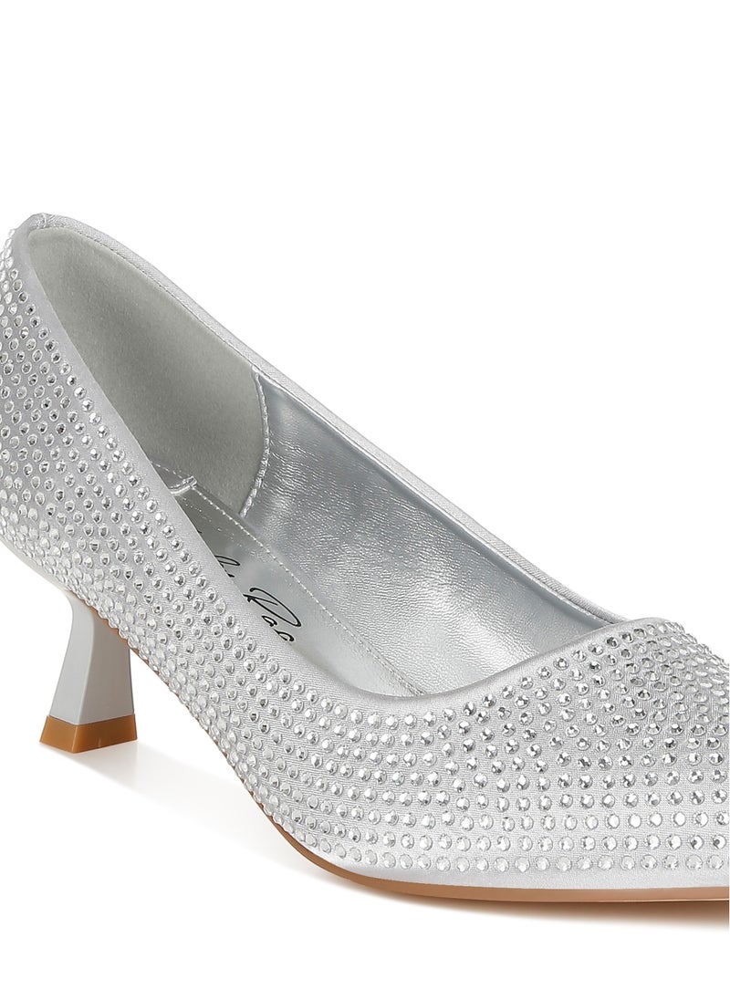 Rhinestones Embellished Kitten Heel Pumps in Silver