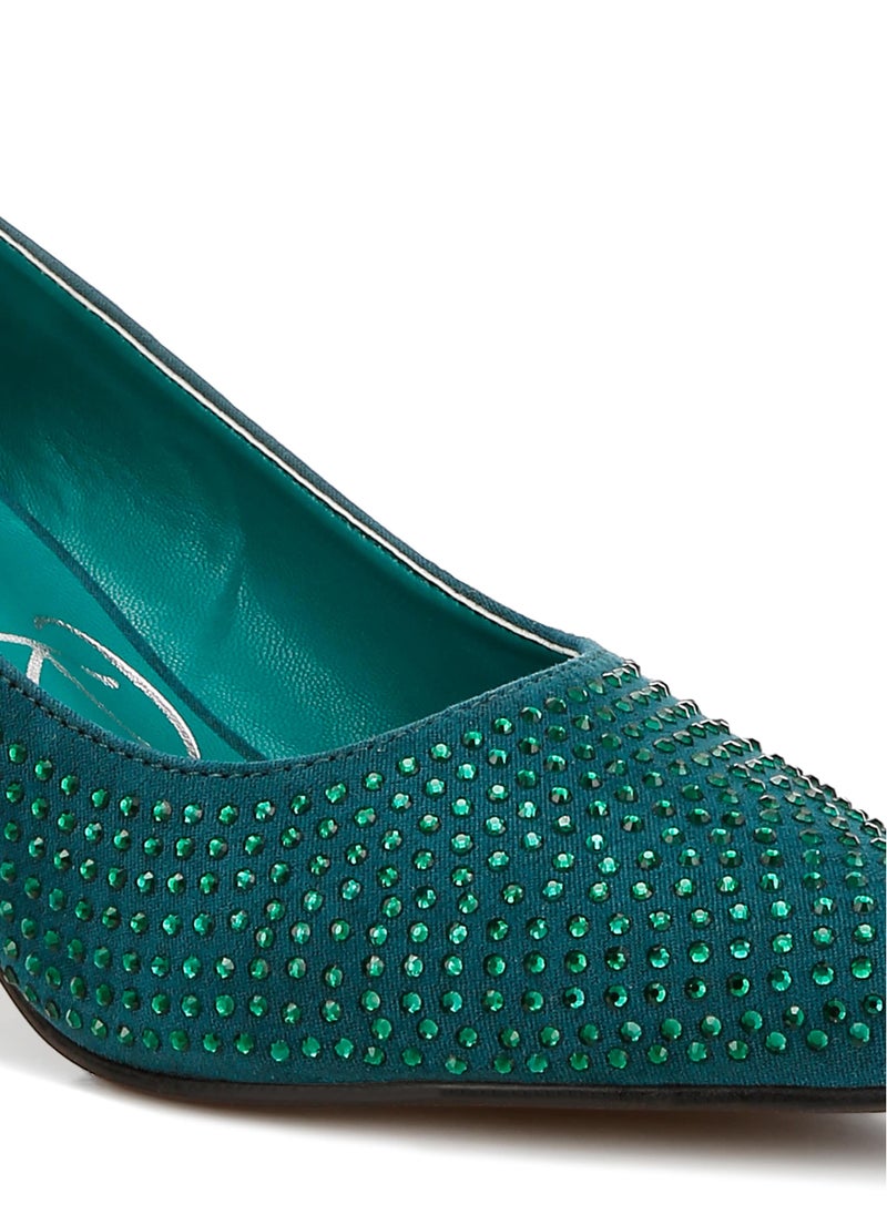 Rhinestones Embellished Pumps in Bottle Green