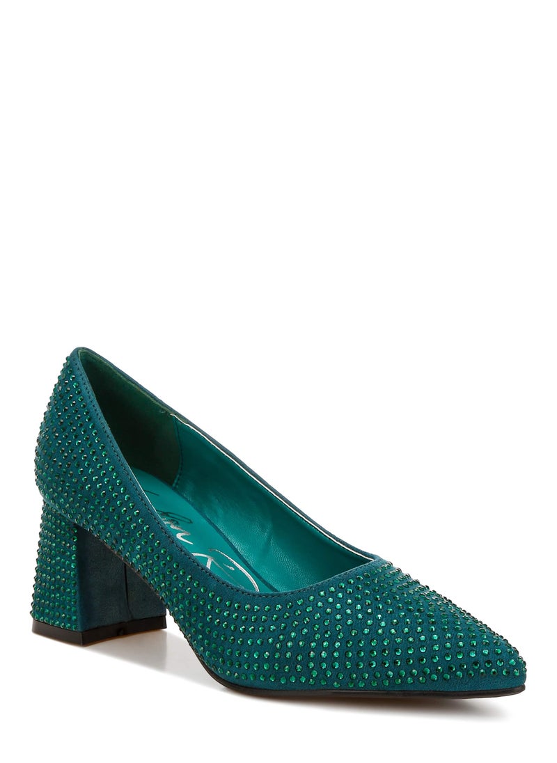 Rhinestones Embellished Pumps in Bottle Green