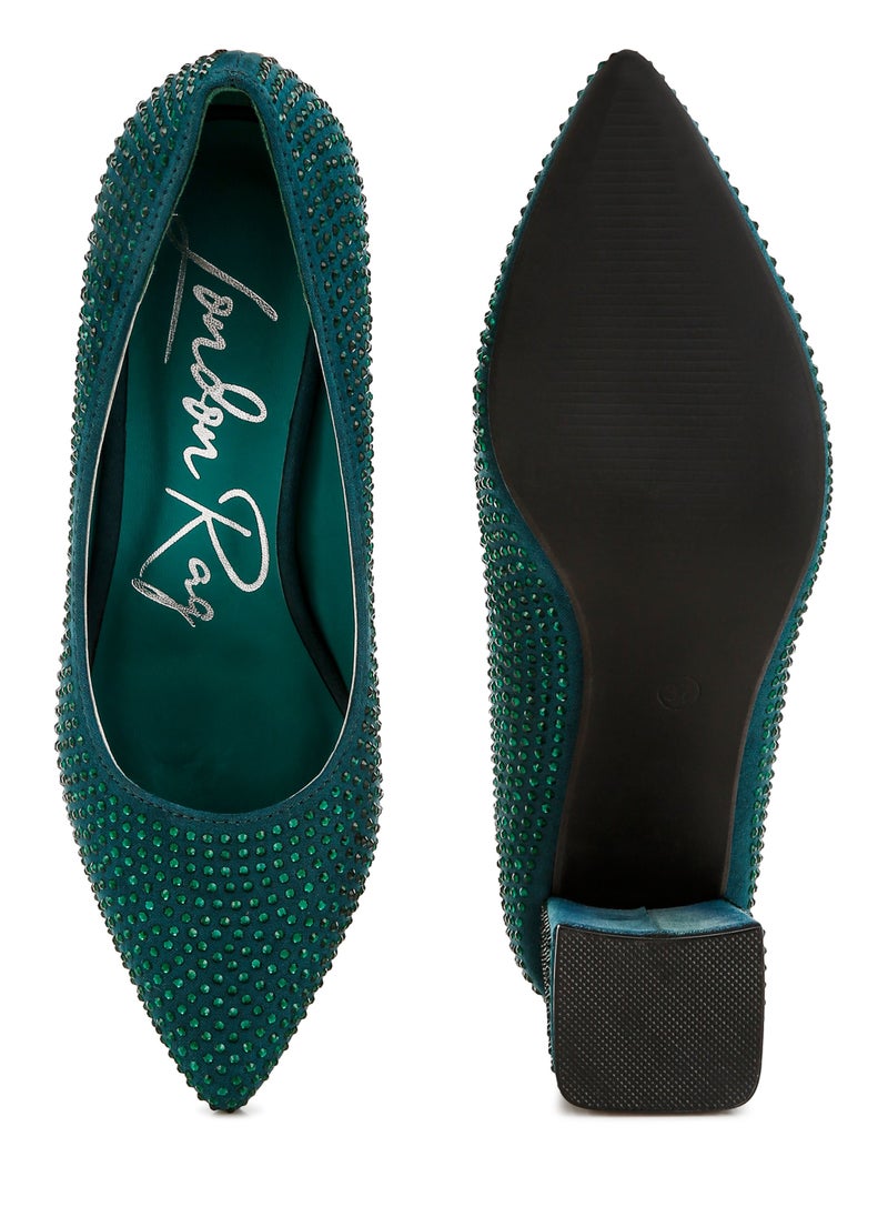 Rhinestones Embellished Pumps in Bottle Green