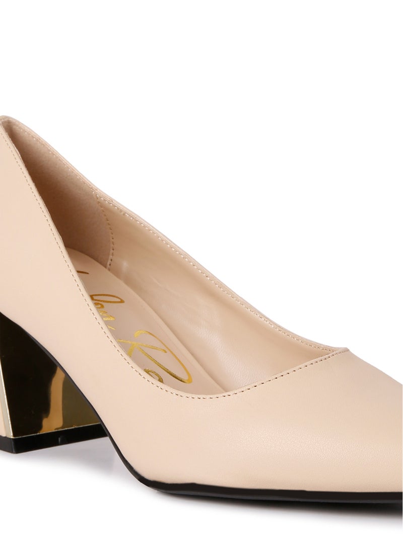 Beige Metallic Detail Block Heel Pumps