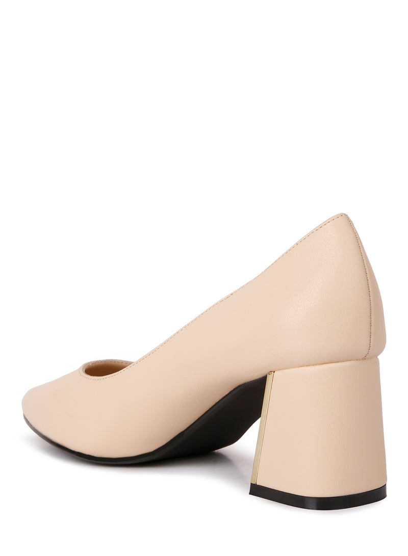 Beige Metallic Detail Block Heel Pumps