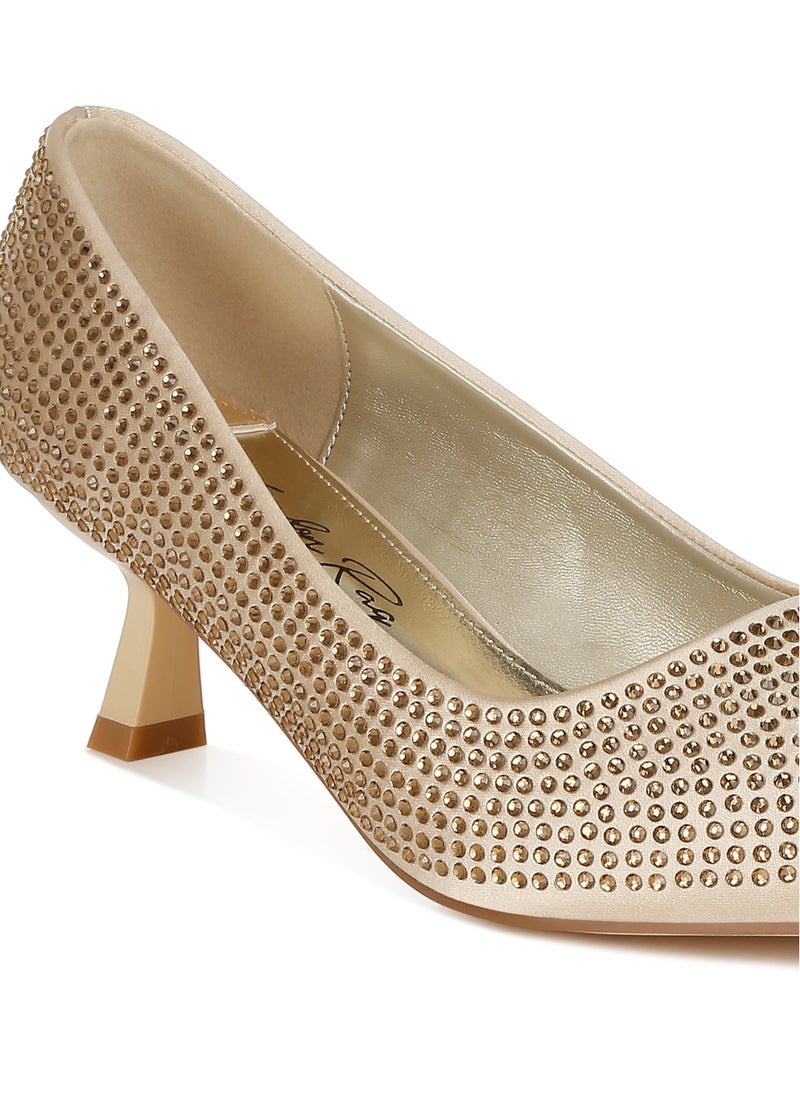 Rhinestones Embellished Kitten Heel Pumps in Gold