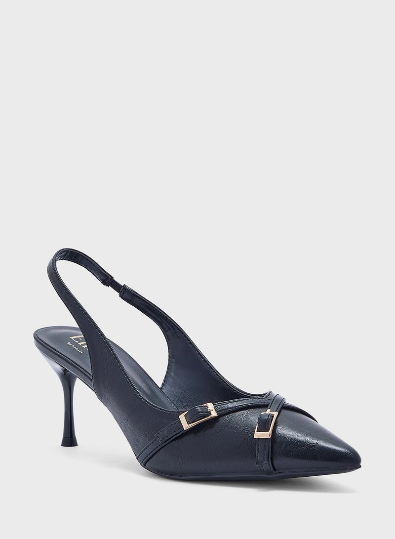 Double Buckle Pointy Toe Sling Back Pump