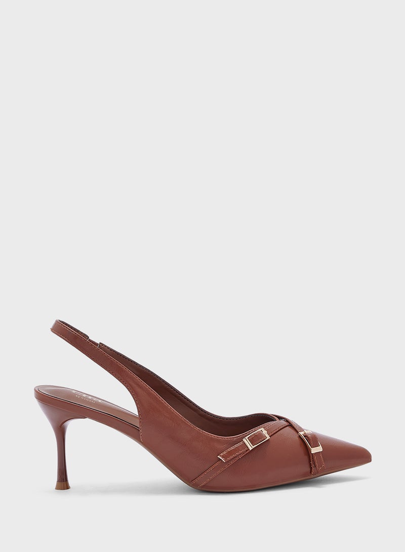 Double Buckle Pointy Toe Sling Back Pump