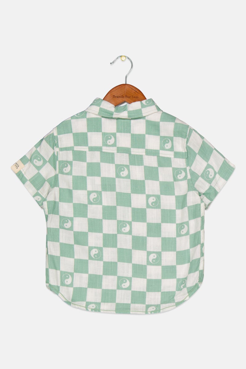 Toddlers Boy Spread Collar Short Sleeves Checkered Shirt, Green/White