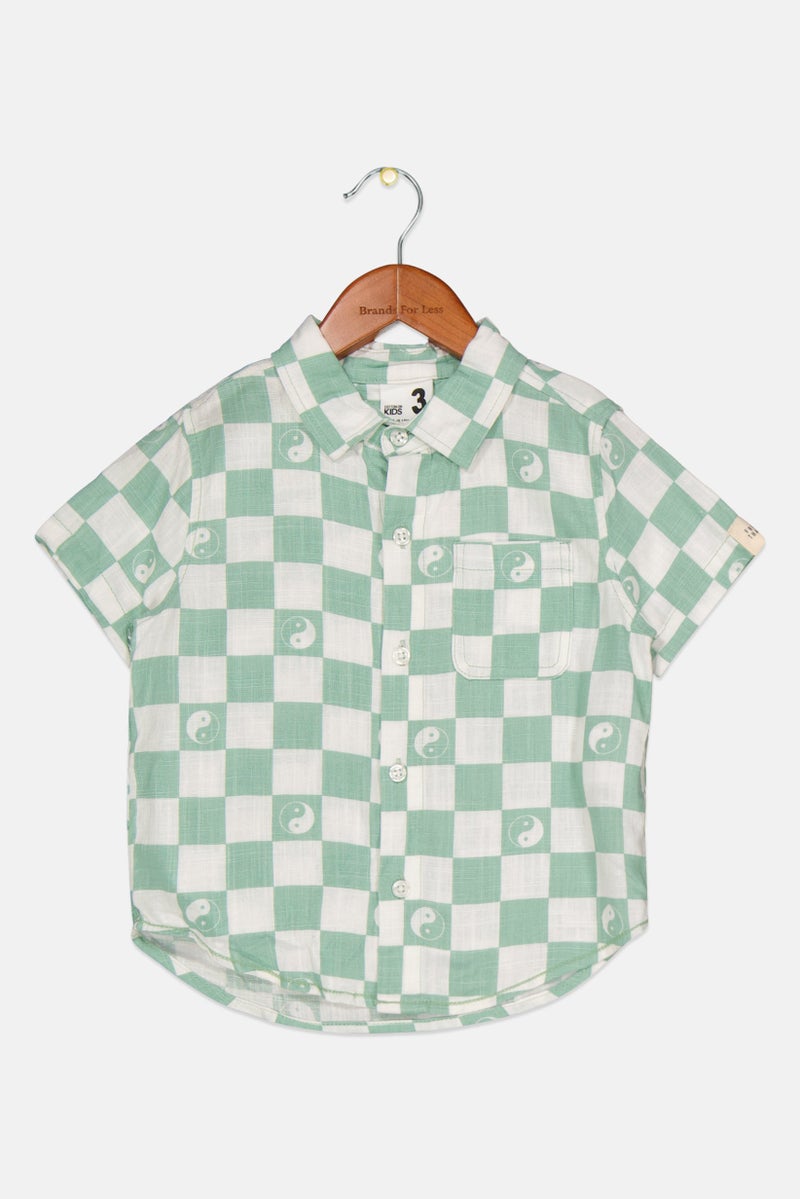 Toddlers Boy Spread Collar Short Sleeves Checkered Shirt, Green/White