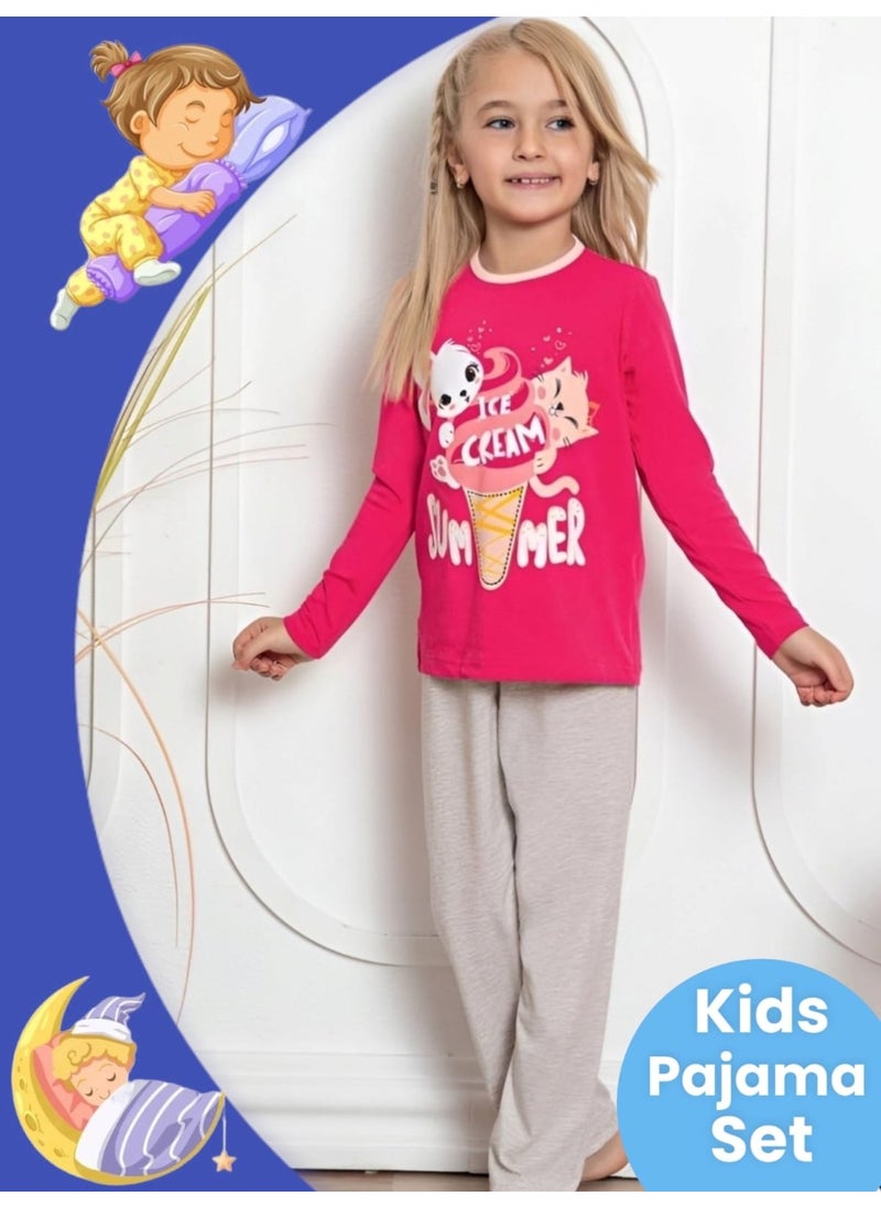 Girl's Cotton Long Sleeve Patterned Pajama Set